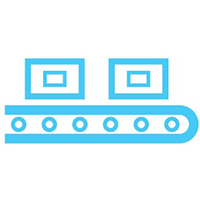 Blue conveyor belt with two boxes on it.